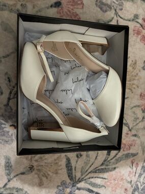 Lulu's Ivory Gold-Trim Ankle-Strap Block Heels